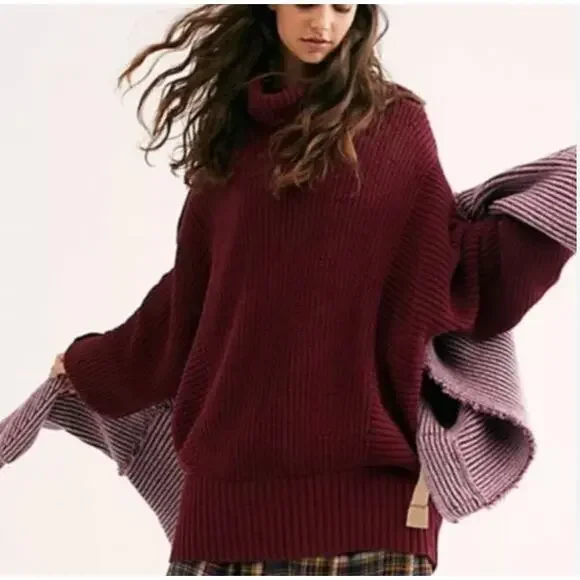 Free People Burgundy Turtleneck Oversized Chunky Knit Sweater Women’s XS - Picture 1 of 8